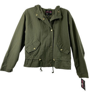 Delia's Jacket Womens Small Military Green Hooded Zip Up Snap Drawstring NWT